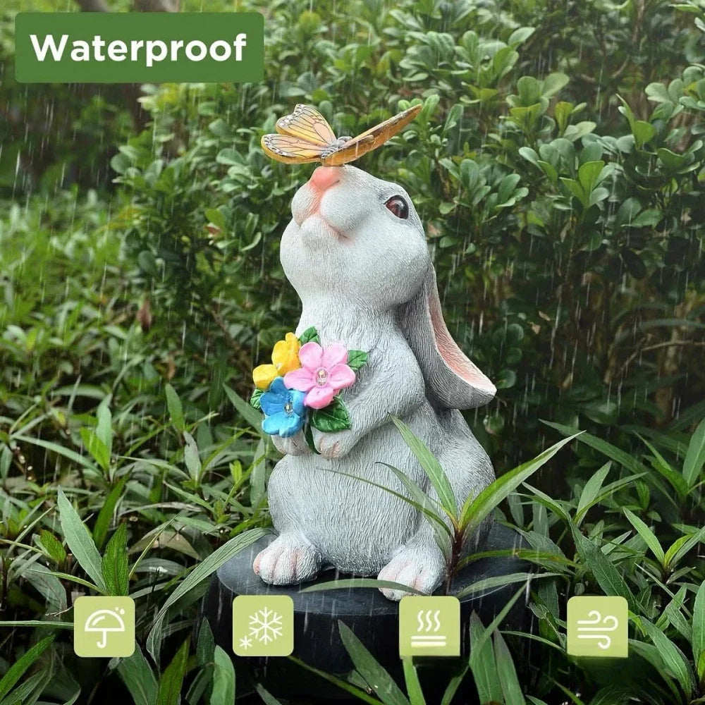 Garden Figurine Resin Solar Powered 22.5 cm White Grey Patio Rabbit LED Outdoor Decoration Butterfly Light | Thomler