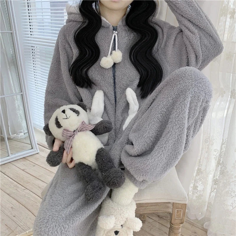 Hooded Bunny Ear One-Piece Sleepwear for Women – Soft Fleece Full-Body Pajama Jumpsuit for Cold Nights | Thomler