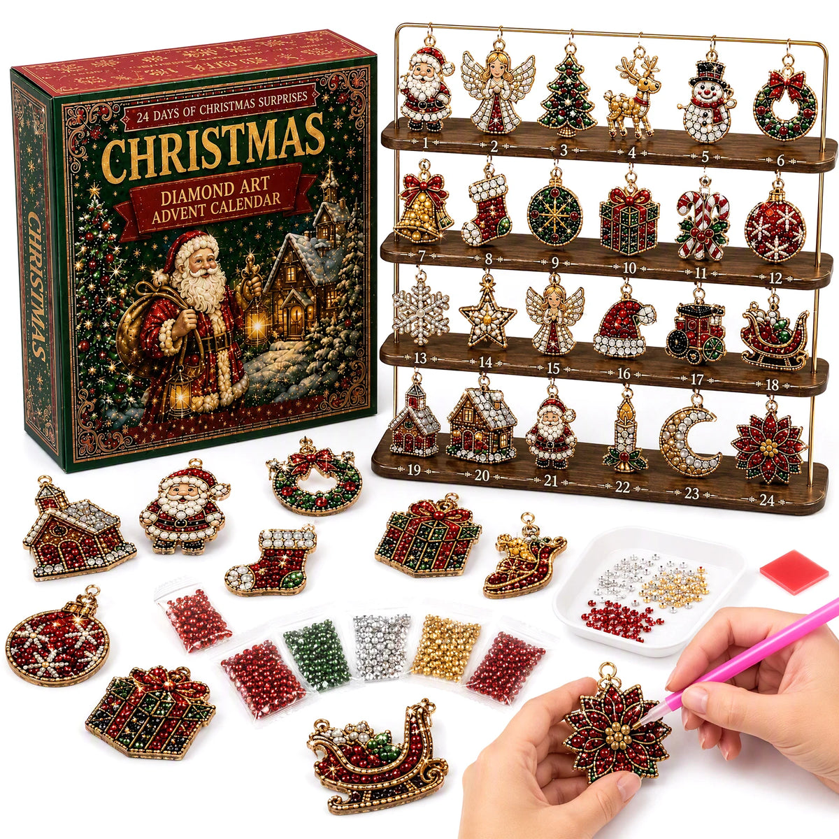 Holiday Countdown Calendar with Crystal Gem Decorations – 24 Sparkling Acrylic Ornaments for December Festivities | Thomler