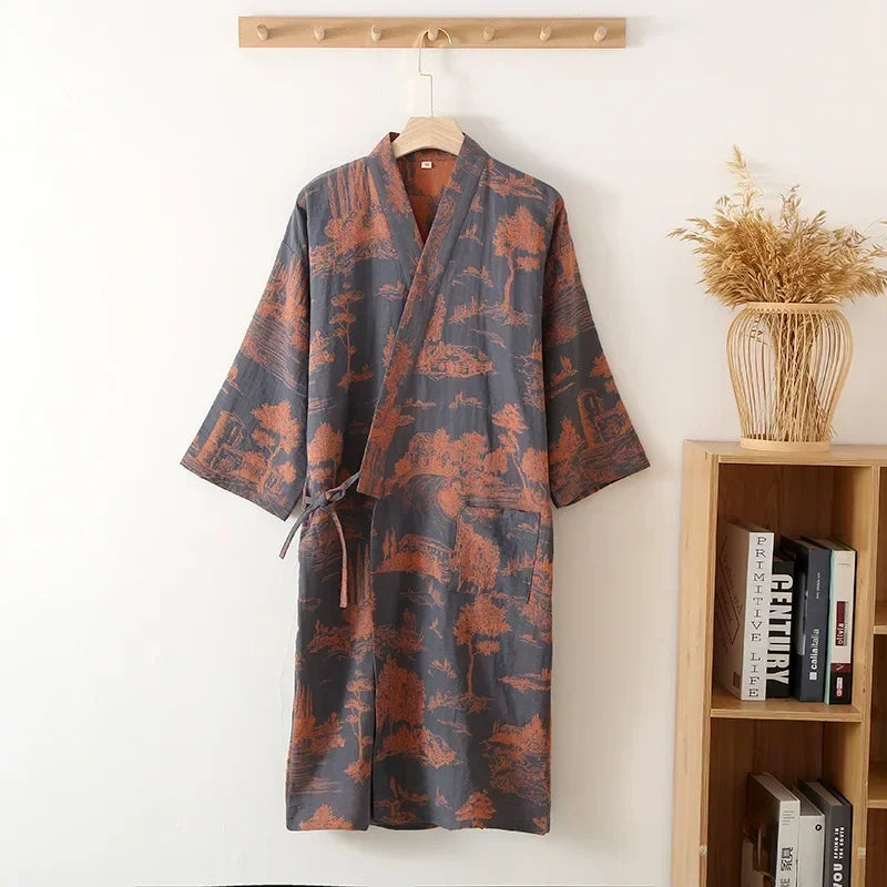 Cotton Kimono Robe for Men – Lightweight Printed Spa Wrap with V-Neck & Tie Belt for Lounge, Bath & Sauna | Thomler