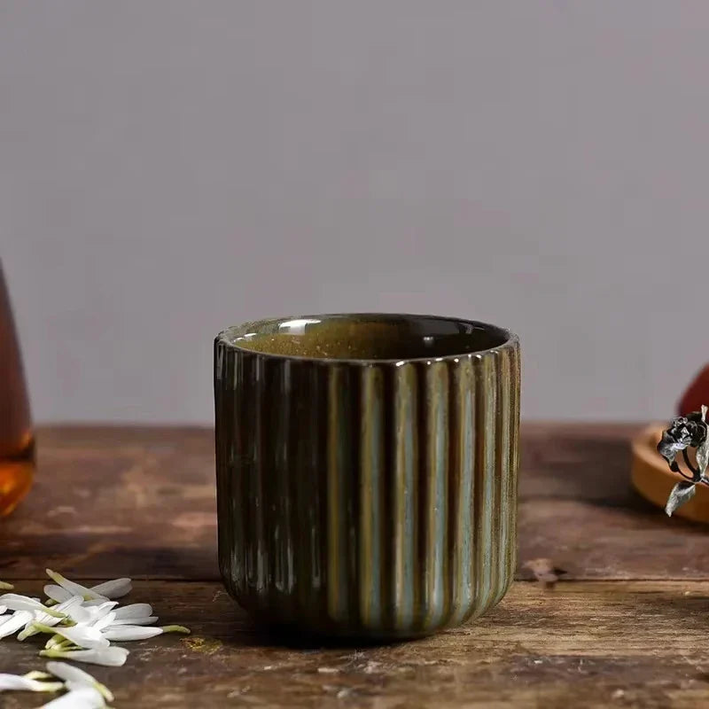 Ceramic Teacup Porcelain 180 ml 6.3 fl oz Ribbed Japanese Style Tea Coffee Sake Cup Japandi Tableware | Thomler