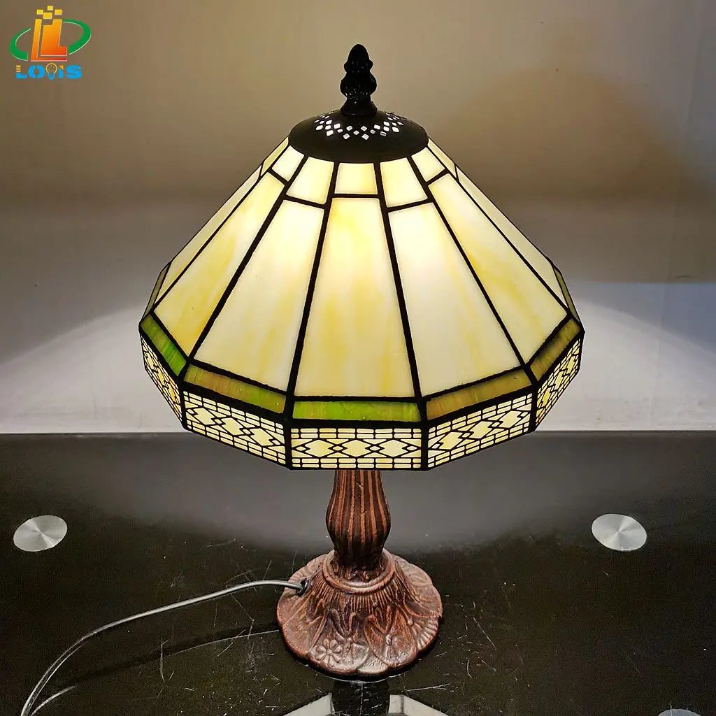 Table Lamp Stained Glass 22.0 cm Cream Bronze Bedroom Desk Reading Light Vintage Tiffany Style Ambient Lighting | Thomler