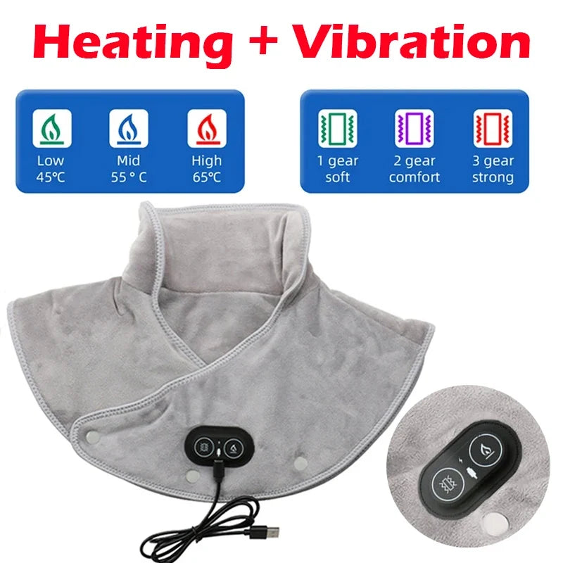 Heated Neck and Shoulder Wrap with Vibration – USB Rechargeable Heat Therapy Cushion – 3 Temperature Settings, Auto Timer, Soft Plush | Thomler