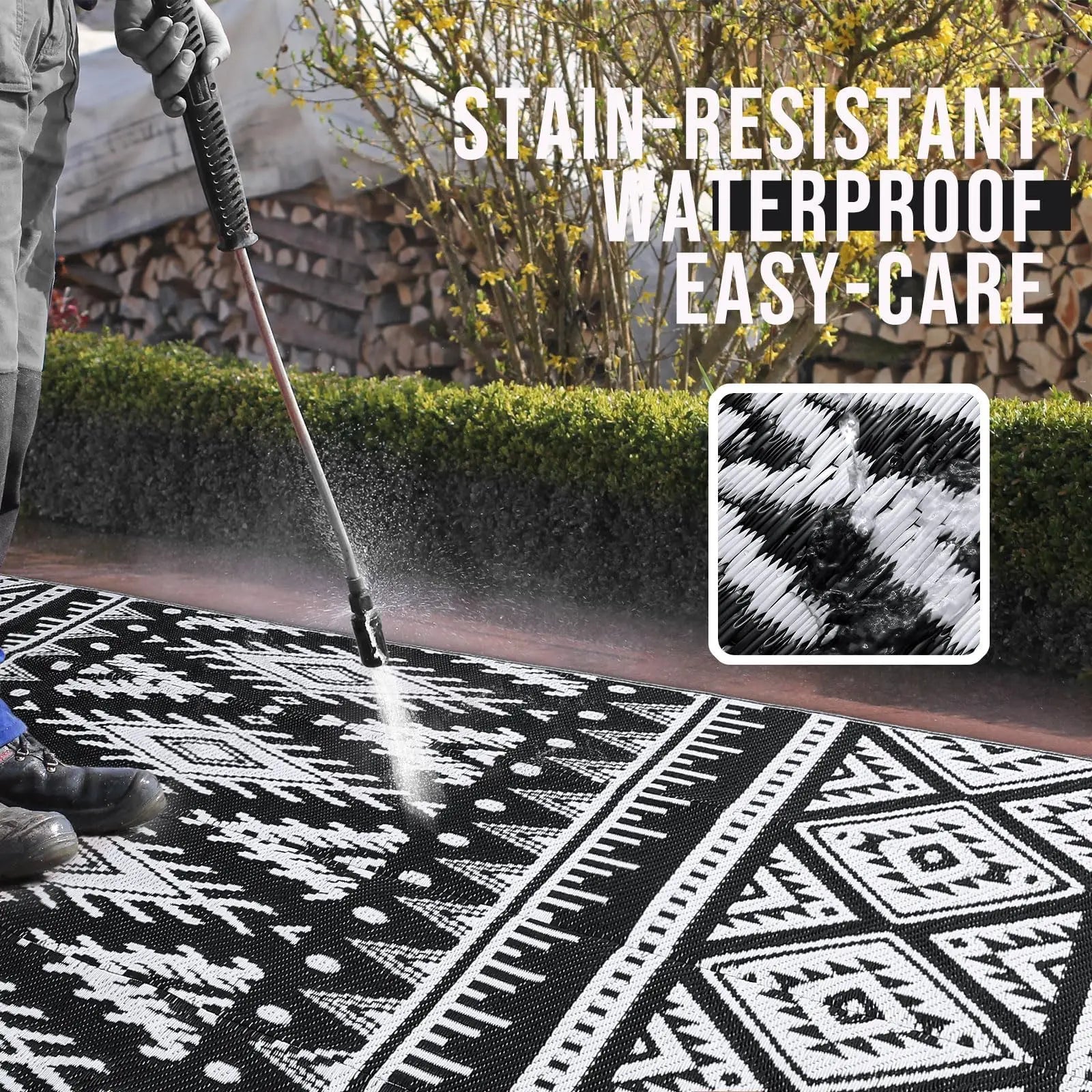 Outdoor Rug Braided Plastic Reversible Black White Patio Camping Garden Picnic Mat Waterproof UV Resistant Foldable | Thomler