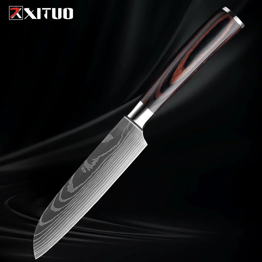 Professional Damascus-Pattern Chef's Blade Set – Hardened Steel Cutlery with Pakkawood Handles – Complete 1-9 Pc Cooking Knife Assortment | Thomler