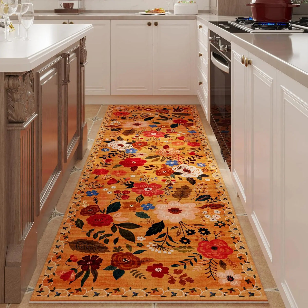 Floral Runner Rug for Hallway & Kitchen, Machine Washable Non-Slip Long Mat with Rubber Backing | Thomler
