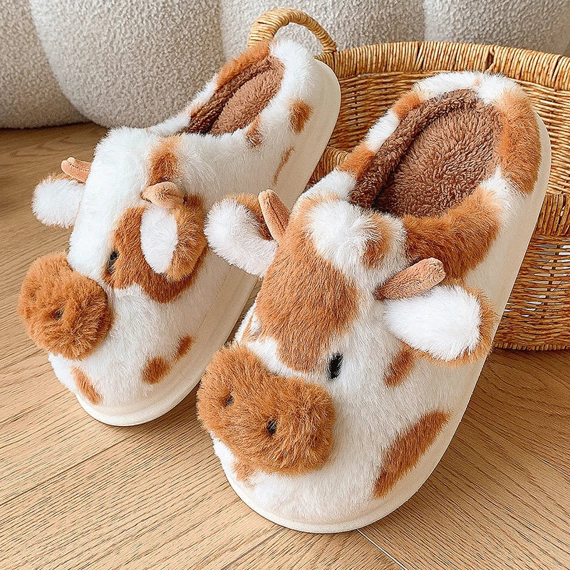 Plush Cow Print House Slippers for Women – Cozy Indoor Footwear with Platform Sole for Winter Warmth & Comfort | Thomler