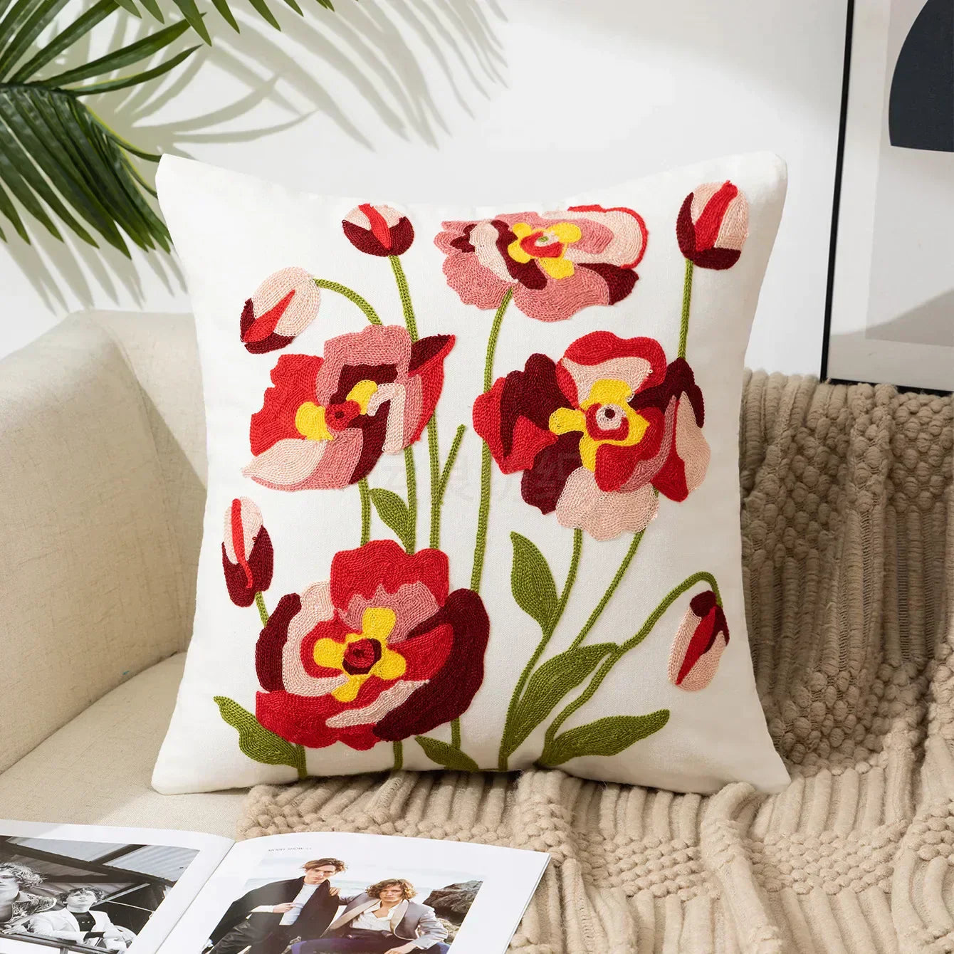 Cushion Cover Cotton Canvas 45.0 cm Floral Embroidered White Sofa Bed Decorative Pillow Case Farmhouse Living Room Accent | Thomler