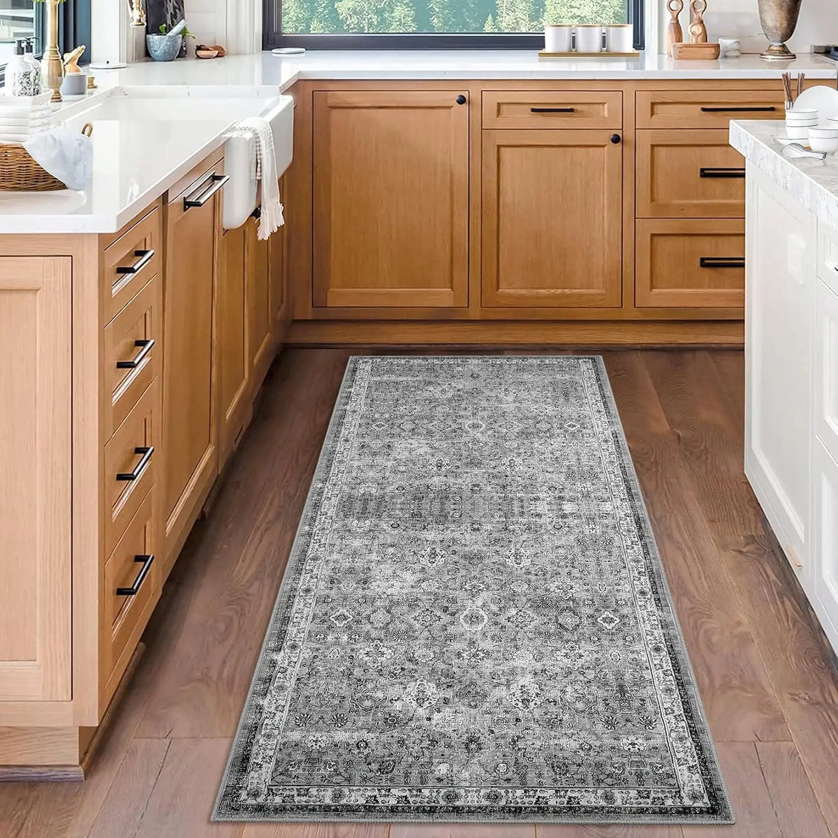 Non-Slip Vintage Area Rug for Entry, Kitchen, Bedroom | Gray Short Pile Washable Runner | Thomler