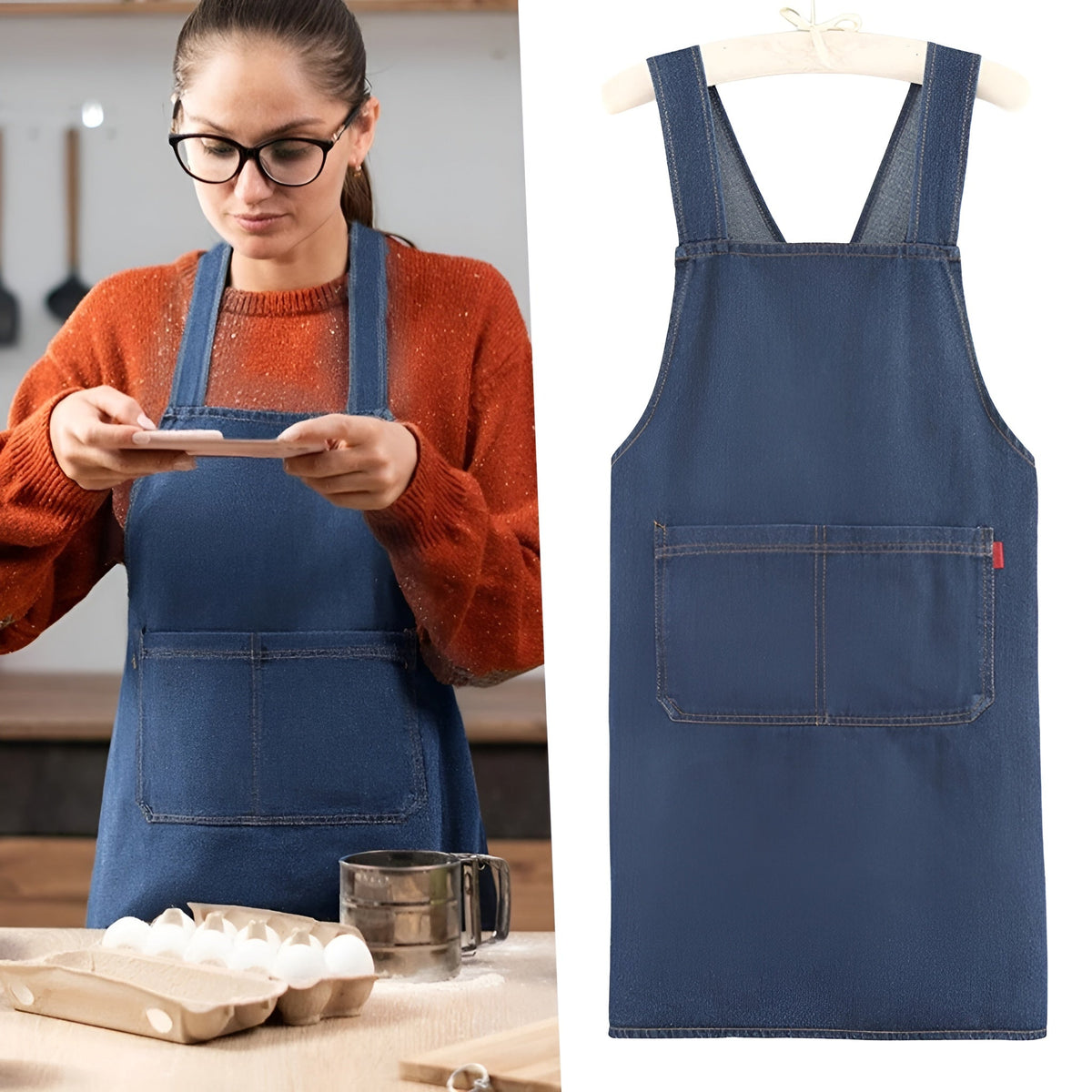Cross-Back Bib Apron with Front Pocket – Denim-Look Kitchen & Workshop Apron for Cooking, Baking & Crafts | Thomler