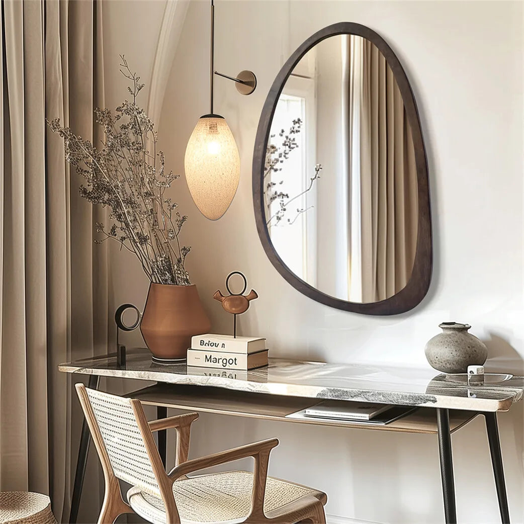 Wall Mirror Rubberwood 50.0 cm x 70.0 cm Black Walnut Japandi Bedroom Hallway Organic Asymmetrical Decorative Mirror | Thomler