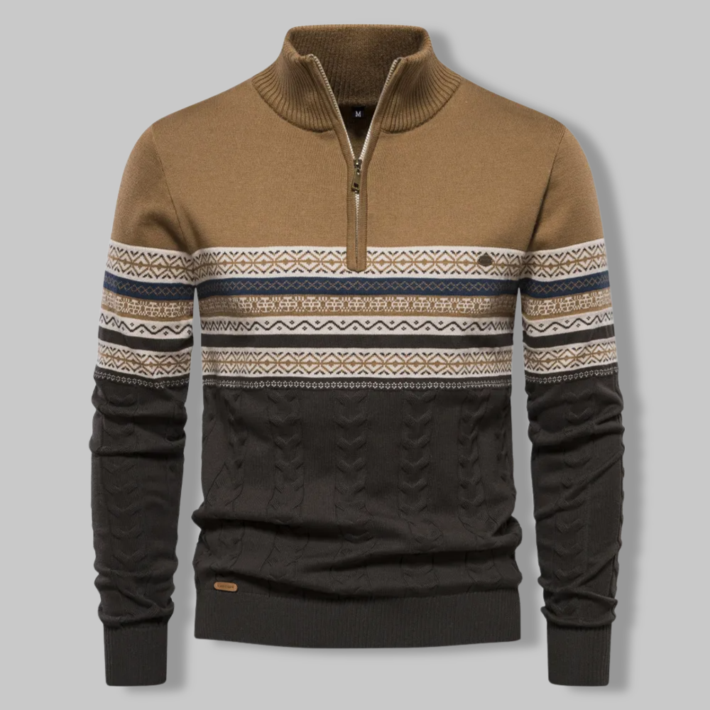 Men's Alpine-Inspired Quarter-Zip Pullover with Cable-Knit Texture & Nordic Chest Band – Ribbed Stand Collar Sweater for Everyday Warmth | Thomler
