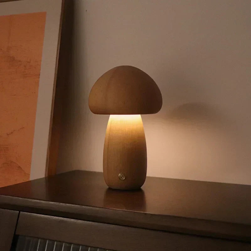 Rechargeable LED Mushroom Night Light with Touch Dimmer for Bedside, Nursery & Kids Room | Cordless Wooden Lamp | Thomler