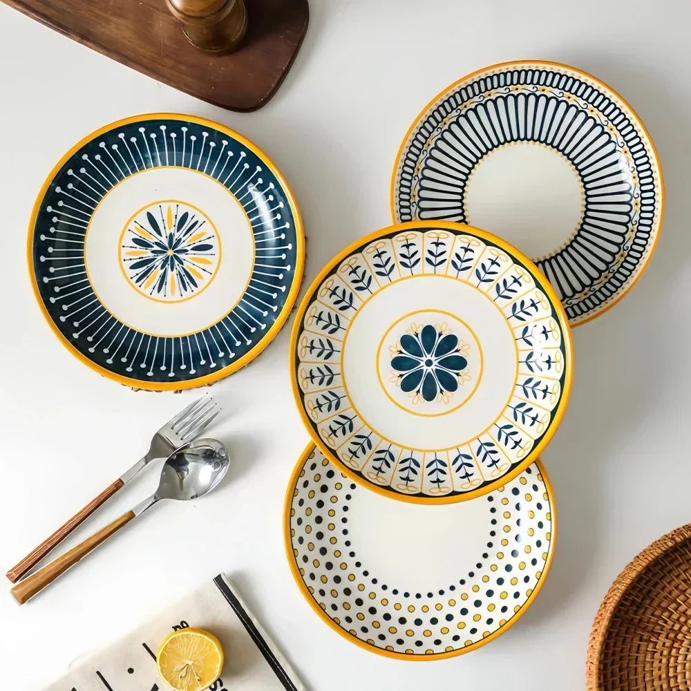 Dinnerware Set Porcelain 20.0 cm 7.9" Navy Blue Gold Breakfast Dessert Salad Plates Hand Painted Floral Tableware Set Of 4 | Thomler