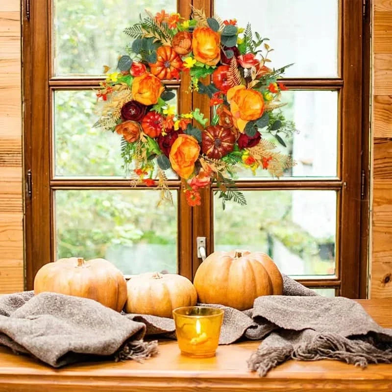 Handcrafted Fall Harvest Door Wreath with Gourds & Foliage – 16 Inch Diameter | Thomler