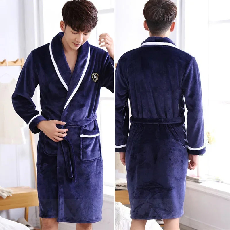 Plush Coral Fleece Robe for Men – Long Shawl Collar Bathrobe in Navy, Gray & Camel – Warm Winter Loungewear M-3XL | Thomler