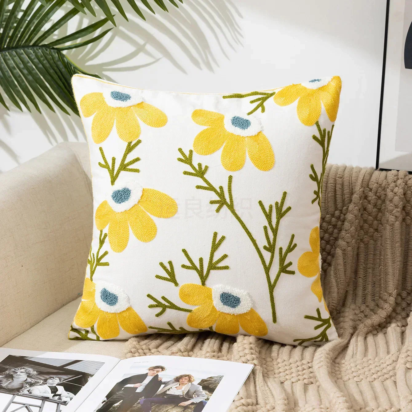 Cushion Cover Cotton Canvas 45.0 cm Floral Embroidered White Sofa Bed Decorative Pillow Case Farmhouse Living Room Accent | Thomler
