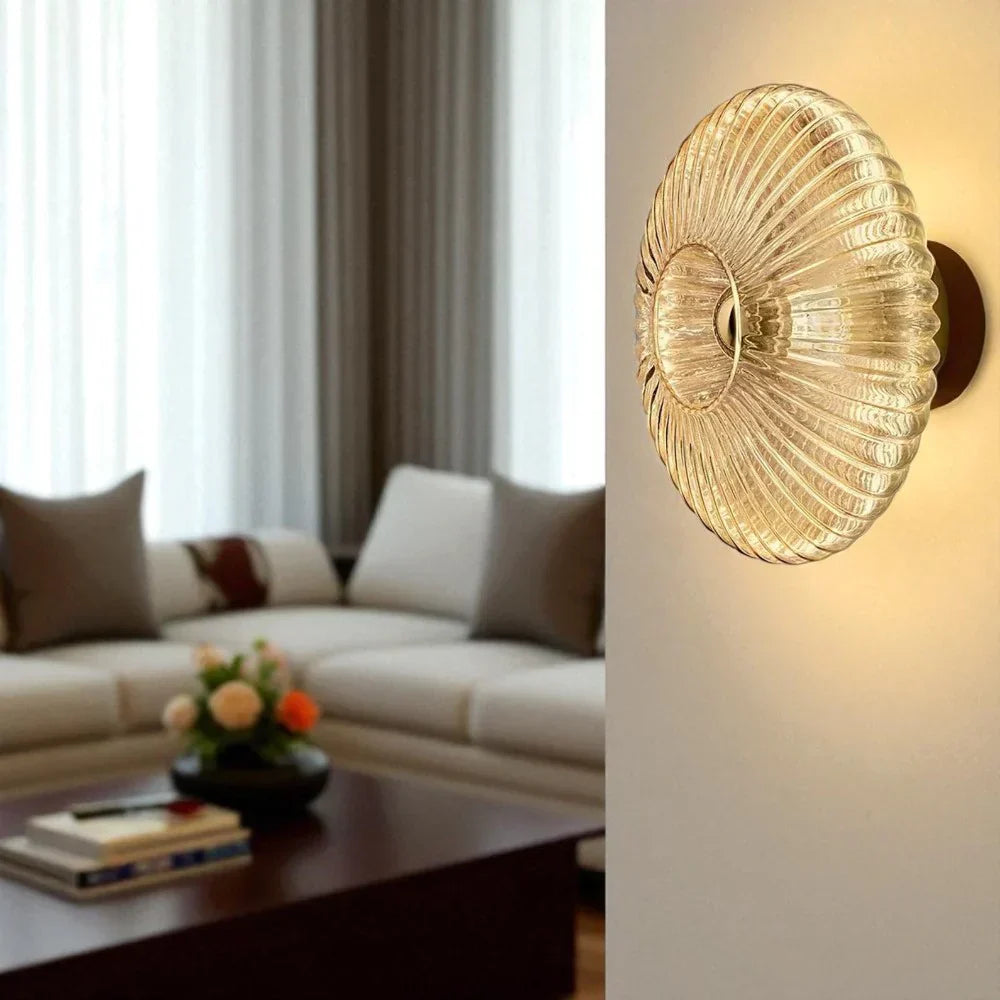 Wall Lamp Ribbed Glass Amber Gold Indoor Decorative Accent Lighting Art Deco Boho Bedroom Hallway Living Room Sconce | Thomler