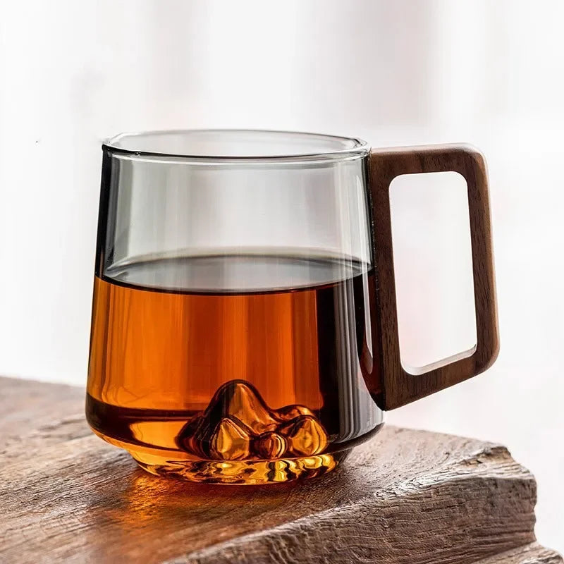 Glass Coffee Mug Borosilicate 4 in Heat-Resistant Mountain Peak Design Wooden Handle Everyday Tea Coffee Cup | Thomler