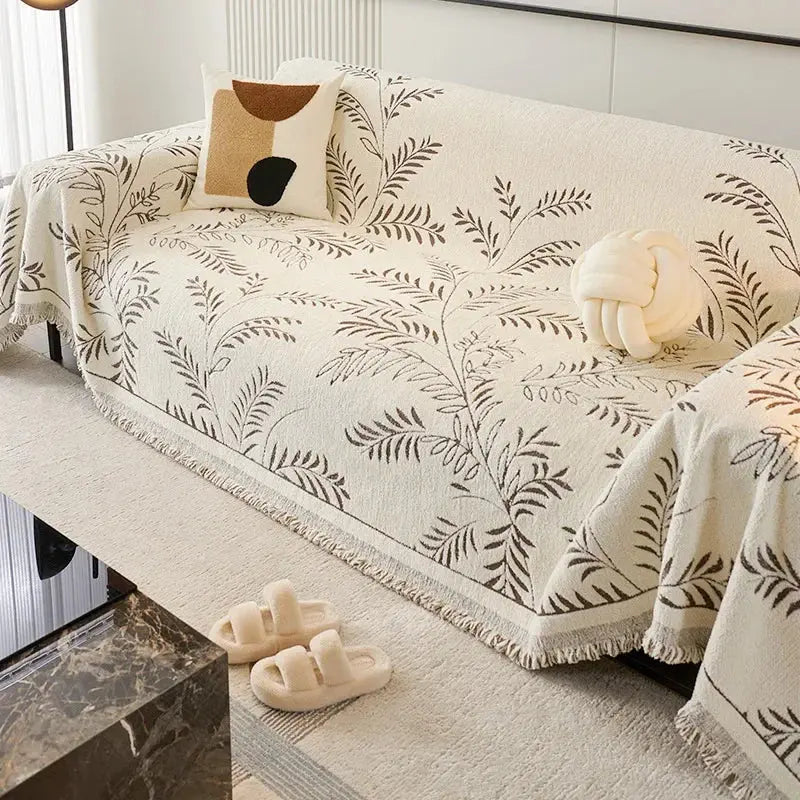 Chenille Jacquard Leaf Sofa Throw Blanket with Non-Slip Backing | Scratch-Resistant Textured Furniture Cover for Couch Protection | Thomler