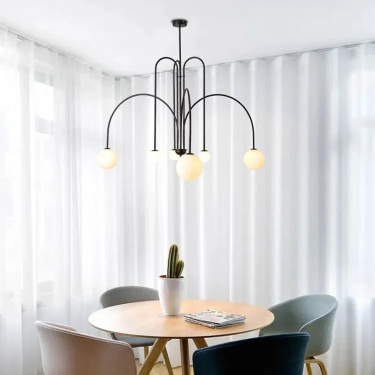 Contemporary Frosted Globe Chandelier with Curved Metal Arms – Modern Statement Lighting for Dining Room & Entryway | Thomler