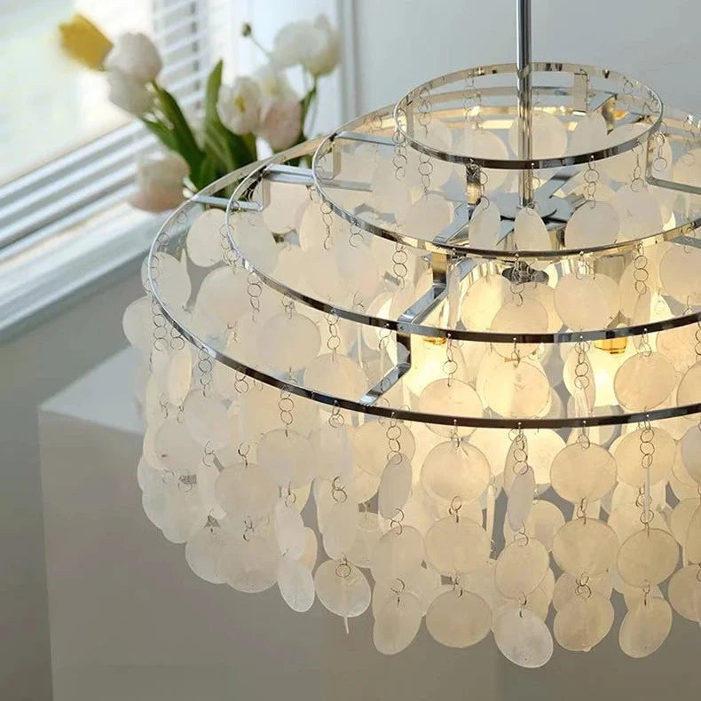 Tiered Oceanic Shell Disc Pendant with LED Illumination – Cascading Statement Fixture for High Ceilings | Thomler