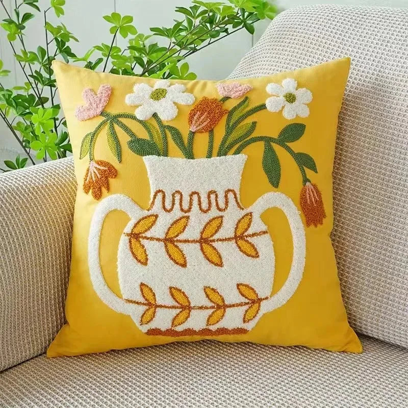 Cushion Cover Cotton Canvas 45.0 cm Floral Embroidered White Sofa Bed Decorative Pillow Case Farmhouse Living Room Accent | Thomler