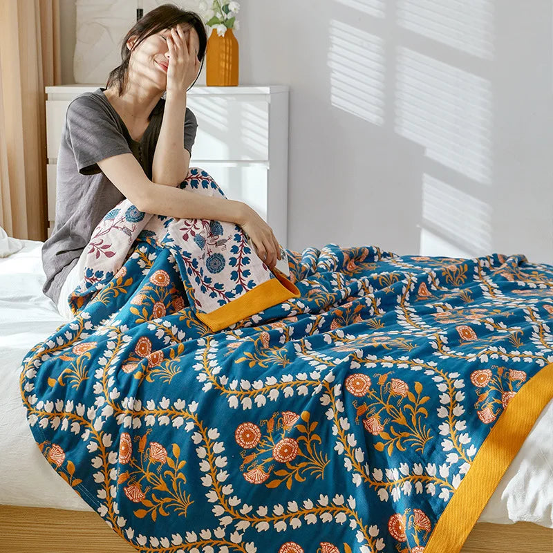 Lightweight Cotton Gauze Throw Blanket Queen King Bed Coverlet Breathable Floral Bedspread for Warm Weather Bedding | Thomler
