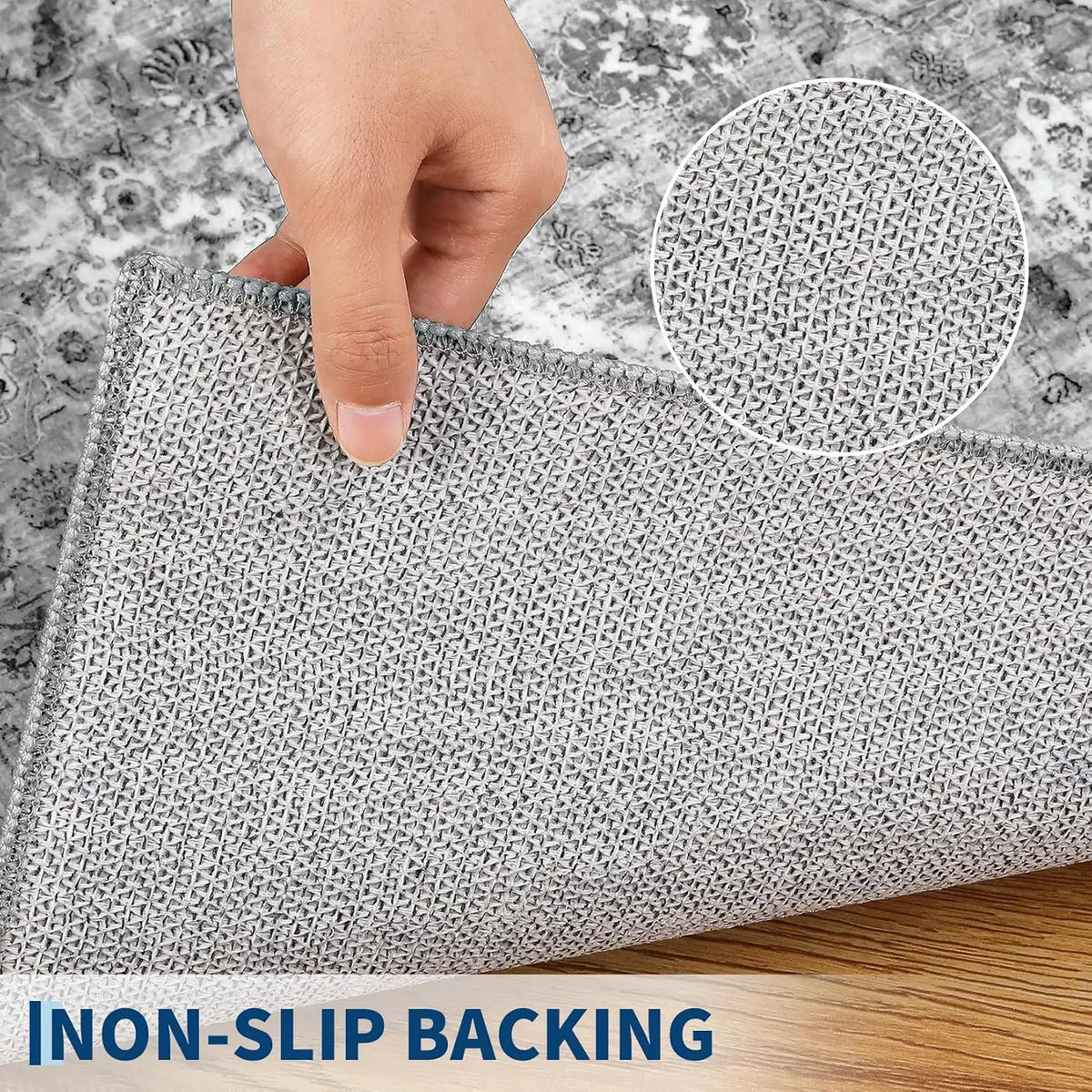 Non-Slip Vintage Area Rug for Entry, Kitchen, Bedroom | Gray Short Pile Washable Runner | Thomler