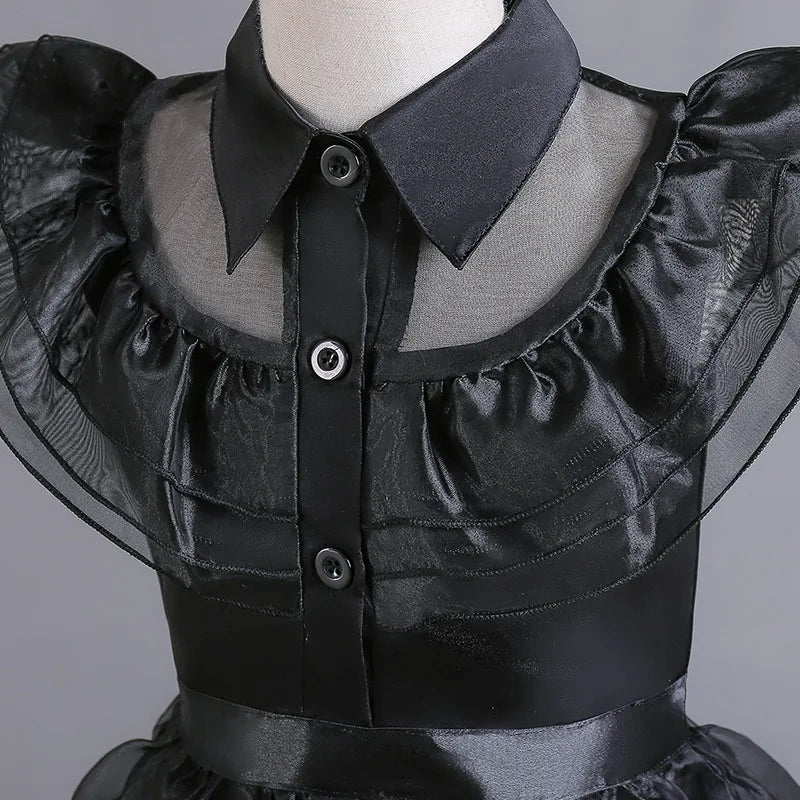 Girls Gothic Tiered Dress with Lace Panel Sleeves – Mid-Calf Costume for Halloween & Parties | Thomler