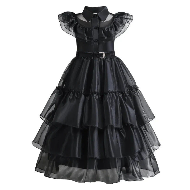 Girls Gothic Tiered Dress with Lace Panel Sleeves – Mid-Calf Costume for Halloween & Parties | Thomler