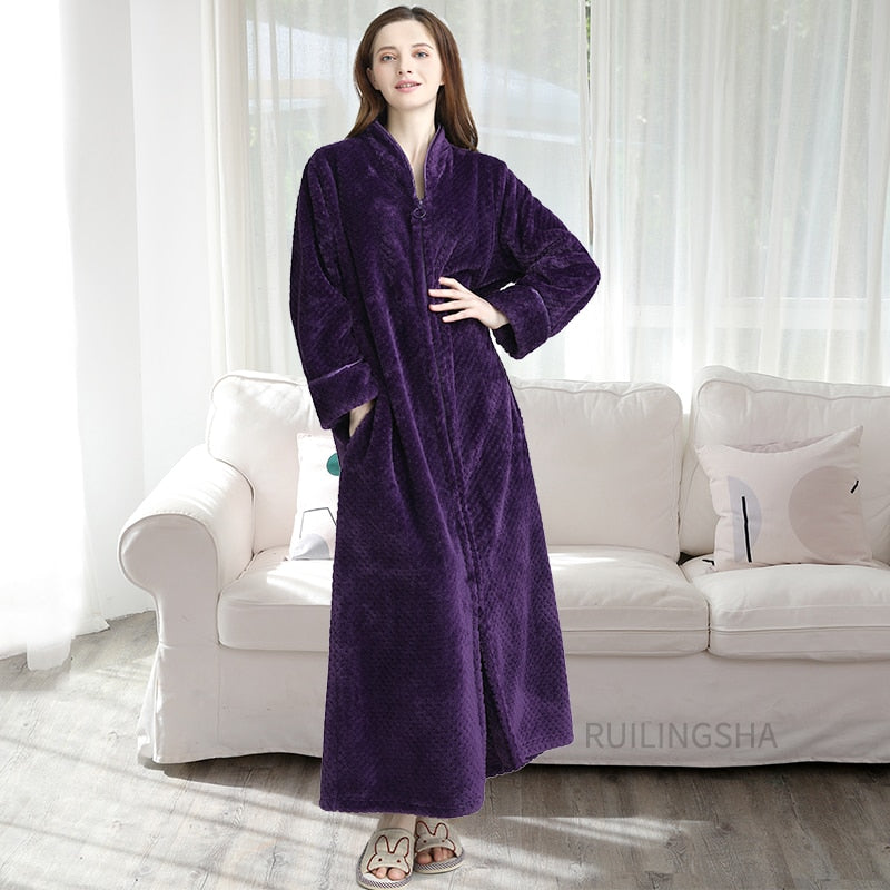 Zippered Fleece Bathrobe for Women & Men Hooded & Non-Hooded Thermal Lounge Robe with Pockets Soft Lightweight Warmth | Thomler