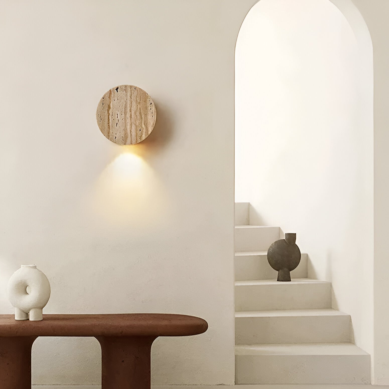 Wall Lamp Travertine Stone 3.9 in Round Frosted Glass Bedroom Hallway Ambient Up Down Light Minimalist Japandi Fixture | Thomler