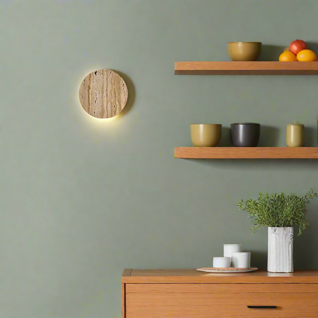 Wall Lamp Travertine Stone 3.9 in Round Frosted Glass Bedroom Hallway Ambient Up Down Light Minimalist Japandi Fixture | Thomler