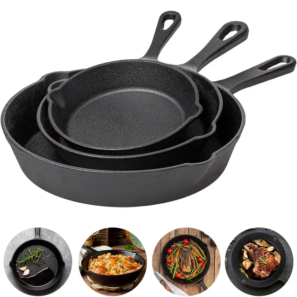 Frying Pan Set Cast Iron 16.0 cm 20.0 cm 26.0 cm Black Induction Open Fire Cooking Skillet Set | Thomler
