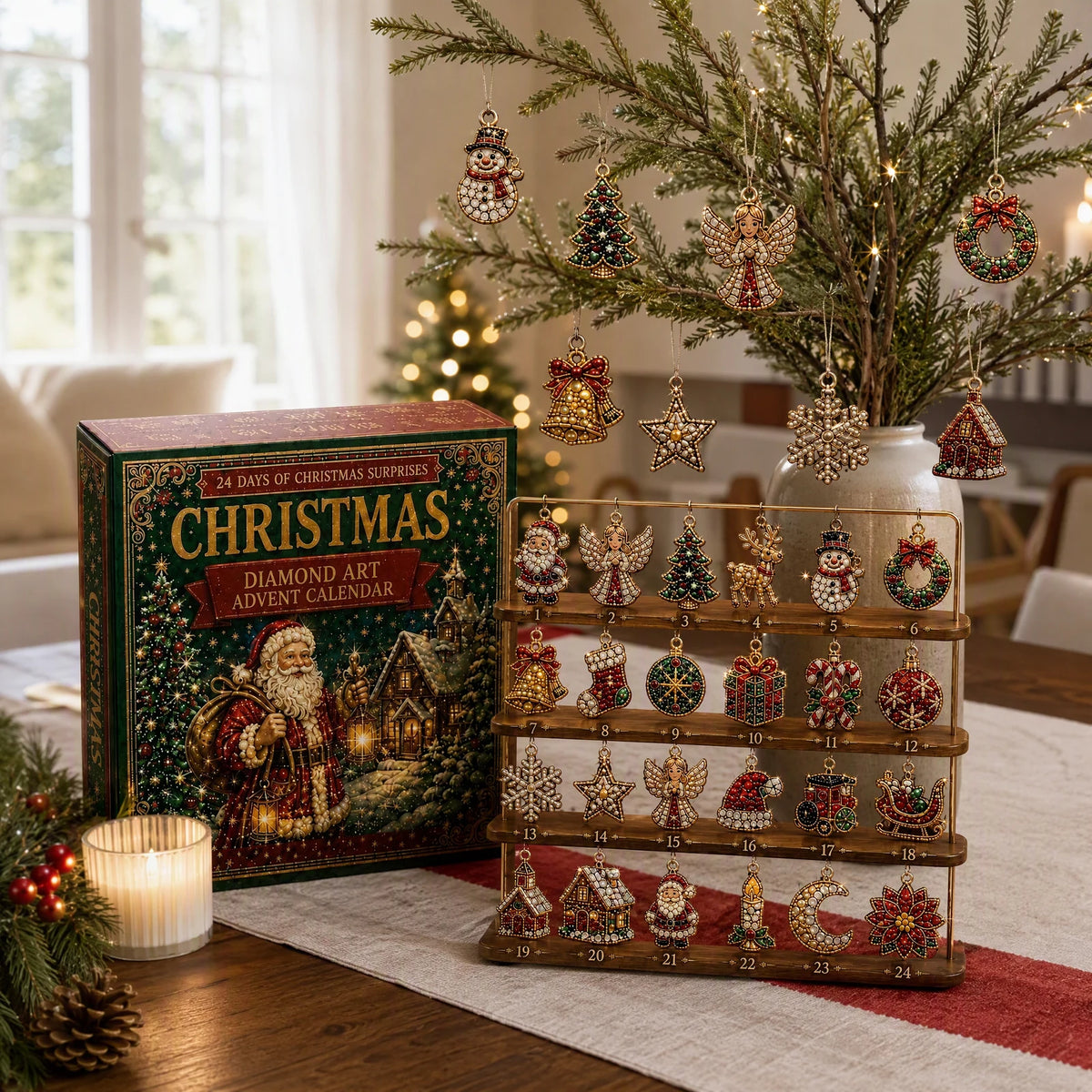 Holiday Countdown Calendar with Crystal Gem Decorations – 24 Sparkling Acrylic Ornaments for December Festivities | Thomler