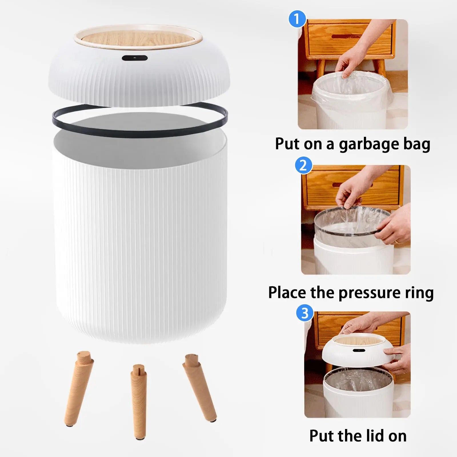 Trash Can Plastic 10.0 L Motion Sensor Wooden Legs Kitchen Bathroom Touchless Waste Bin Scandinavian Style | Thomler