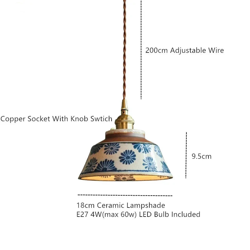 Ceramic Hanging Light Fixture with Unique Floral Designs for Kitchen, Dining Room, Cafe | Artisan Crafted Copper Hardware Pendant Lamp | Thomler