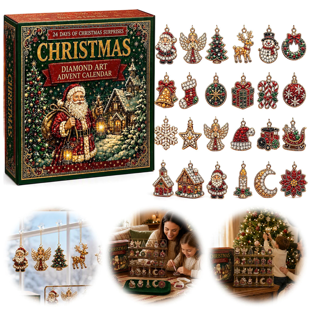 Holiday Countdown Calendar with Crystal Gem Decorations – 24 Sparkling Acrylic Ornaments for December Festivities | Thomler