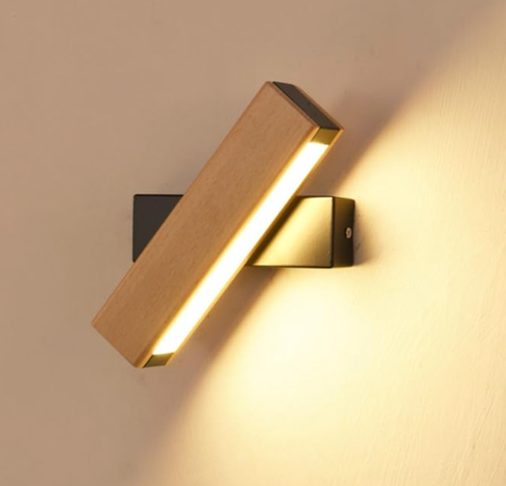 Rotating LED Wall Sconce with Wood Accent – Adjustable Minimalist Light for Bedroom & Living Room | Thomler
