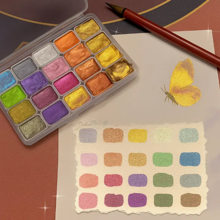 Watercolour Paint Set Metallic 20 Colours 11.5 cm Travel Art Lettering Illustration Craft Kit Shimmer Pigment Palette | Thomler