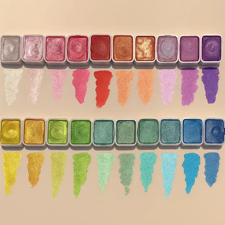 Watercolour Paint Set Metallic 20 Colours 11.5 cm Travel Art Lettering Illustration Craft Kit Shimmer Pigment Palette | Thomler