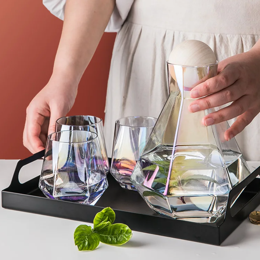 Glass Drinkware Set Eco-Friendly 9 in Jug 4 in Rocks Glasses Diamond Pattern Bar Kitchen Dining Accessories | Thomler