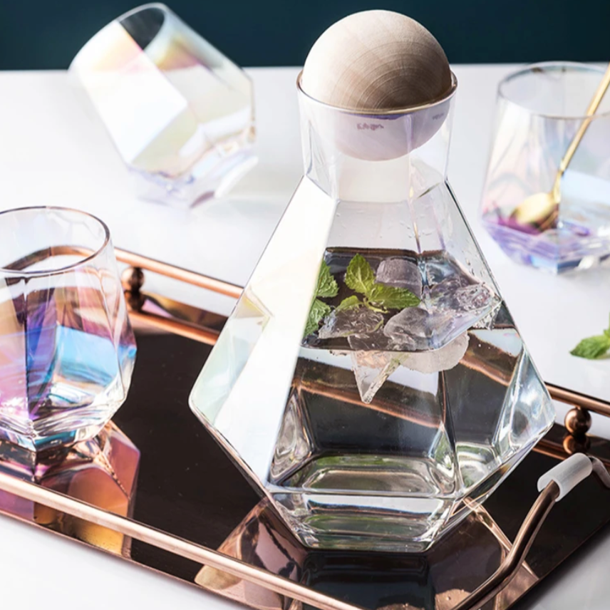 Glass Drinkware Set Eco-Friendly 9 in Jug 4 in Rocks Glasses Diamond Pattern Bar Kitchen Dining Accessories | Thomler