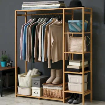 Clothes Rack Bamboo 90.0 cm Natural Bedroom Storage With Shelves Open Wardrobe Garment Organiser Shoe And Accessory Stand | Thomler