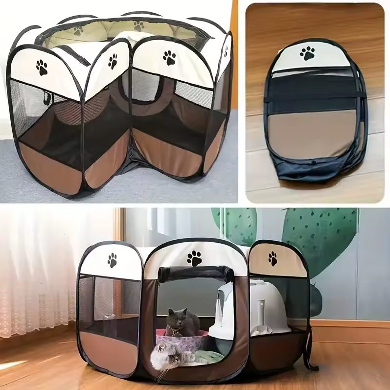 Pet Playpen Oxford Fabric 114.0 cm Brown Indoor Outdoor Puppy Cat Enclosure Foldable Portable Exercise Pen | Thomler