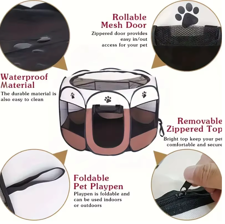 Pet Playpen Oxford Fabric 114.0 cm Brown Indoor Outdoor Puppy Cat Enclosure Foldable Portable Exercise Pen | Thomler