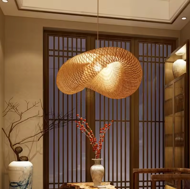 Pendant Light Bamboo 80.0 cm Natural Dining Room Living Space Japandi Hanging Ceiling Lamp Handwoven Open Weave E27 | Thomler