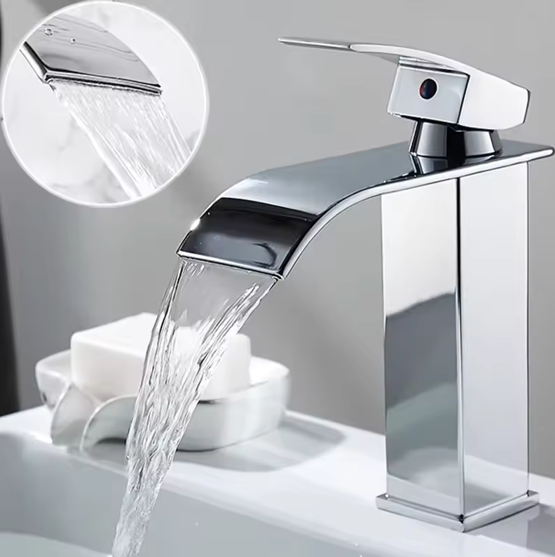 Washbasin Faucet Stainless Steel 25.0 cm 9.8" Waterfall Bathroom Basin Mixer Tap Deck Mounted Single Hole Hot Cold | Thomler