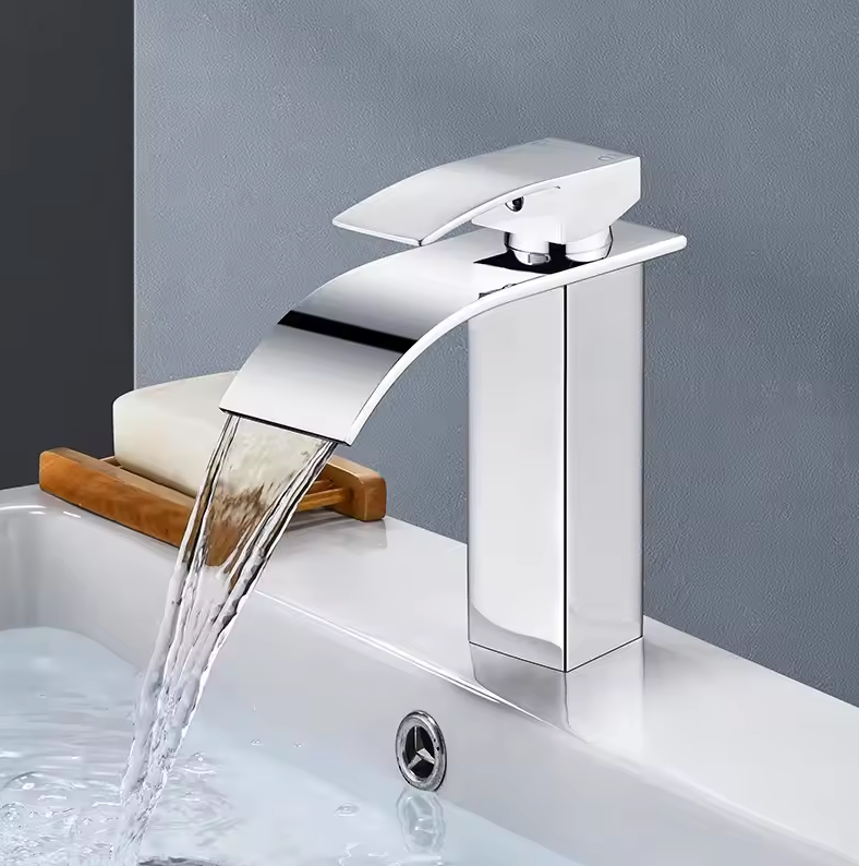 Washbasin Faucet Stainless Steel 25.0 cm 9.8" Waterfall Bathroom Basin Mixer Tap Deck Mounted Single Hole Hot Cold | Thomler